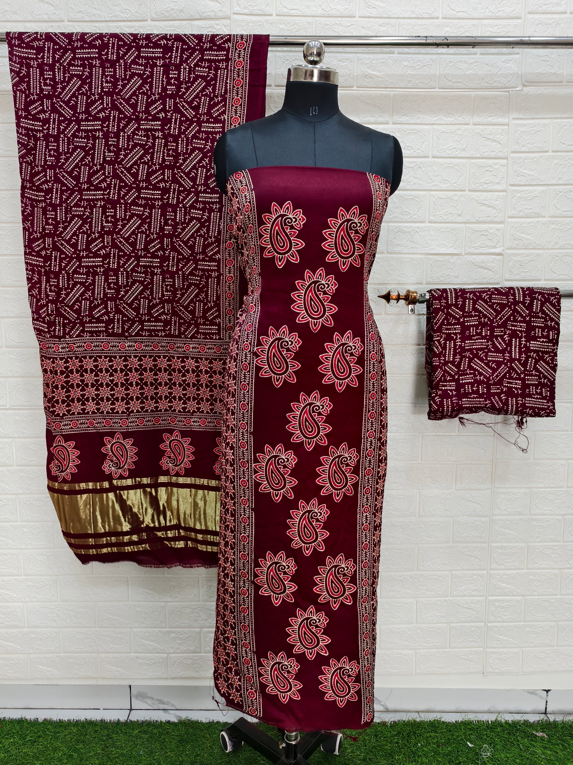 Pure Modal Silk Maroon Ajrakh Hand Block Print Neptol Dye 3 Pice Suit