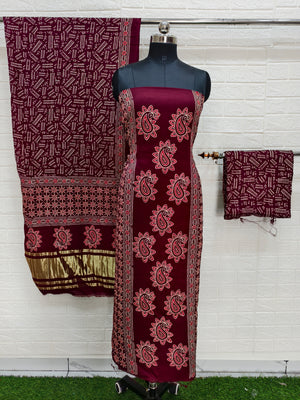 Pure Modal Silk Maroon Ajrakh Hand Block Print Neptol Dye 3 Pice Suit