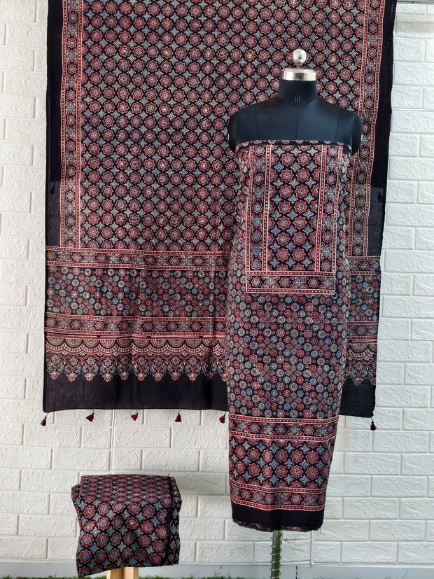 Buy Pure Cotton Bleck Ajrakh Hand Block Print Nechral Dye 3 Pice Suit
