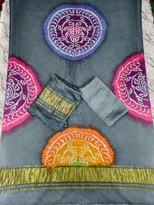 Bandhani Suit Set with Multi Color Dupatta & Zari Pallu