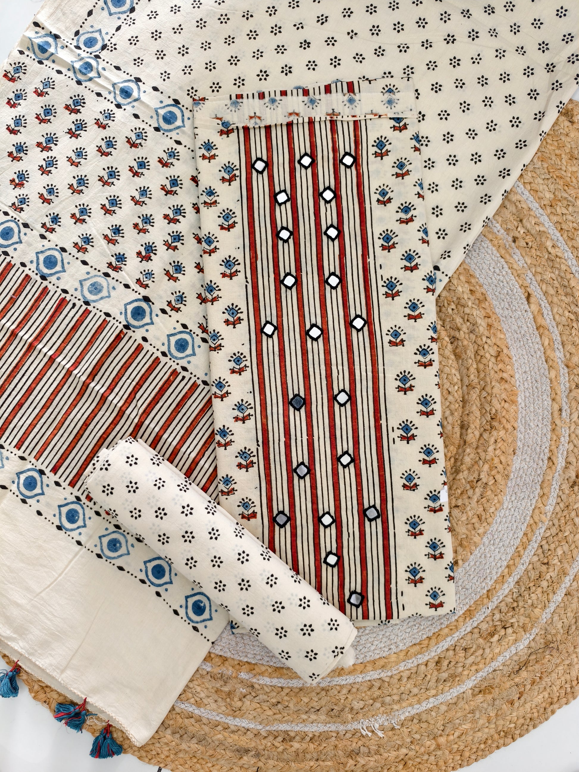 pure cotten ajrakh suit with mirror work & tassels - buy now