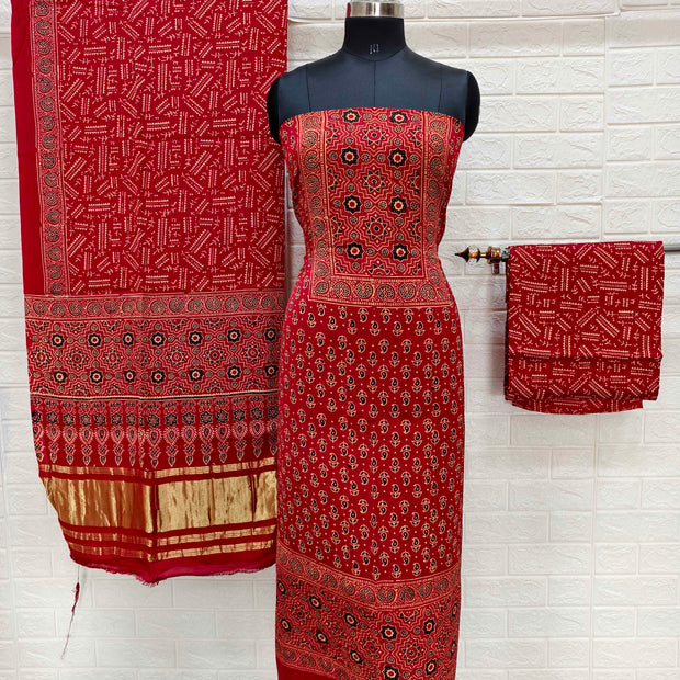 Pure Modal Silk Red Ajrakh Hand Block Print Neptol Dye 3 Pice Suit