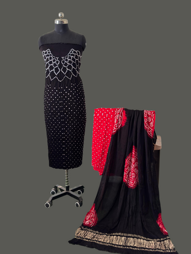 Buy Online Modal Silk Bandhani Makdi Design 3 Piece Suit Set – Zari Dupatta