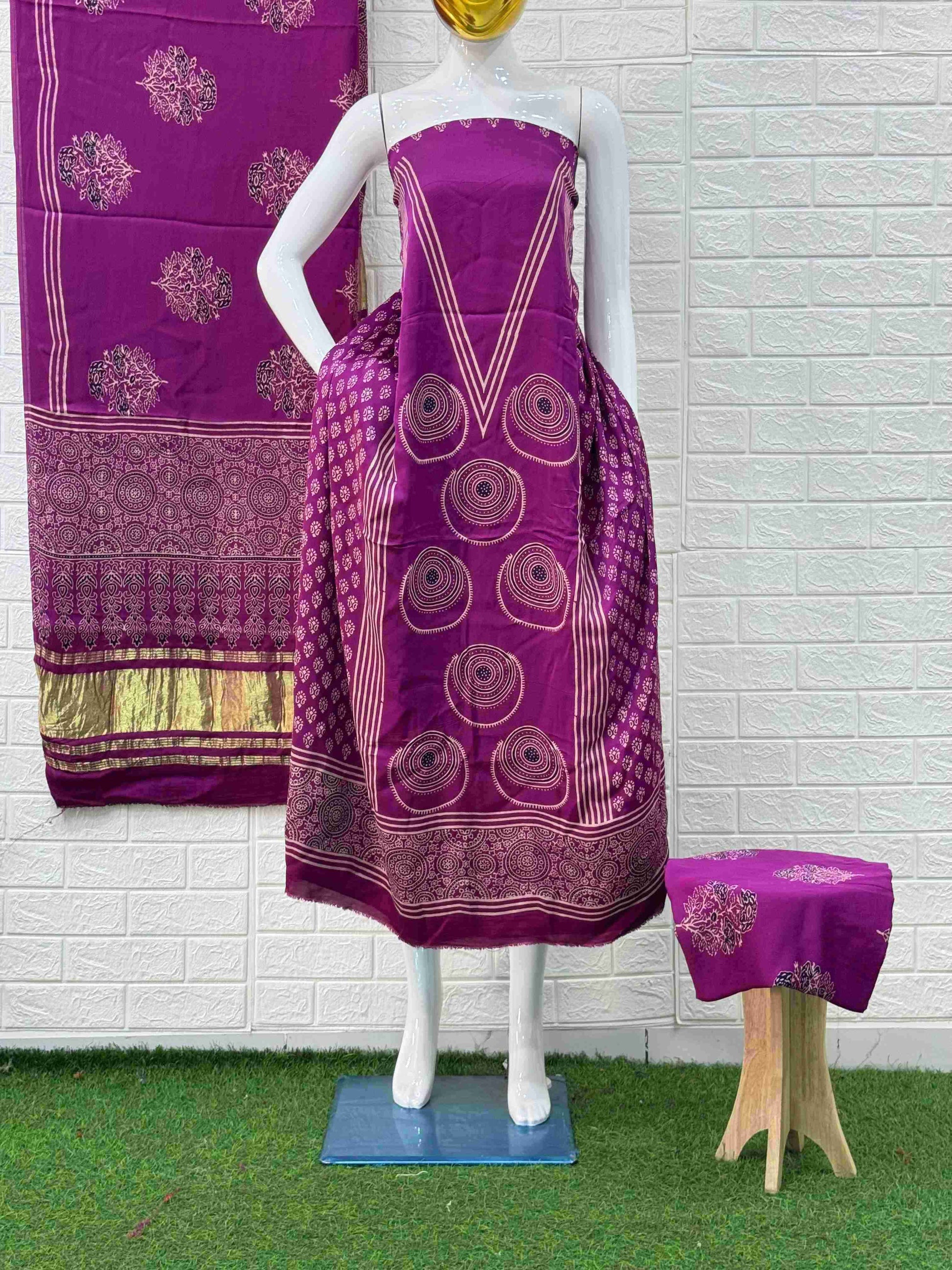Pure Modal Silk Magenta Ajrakh Hand Block Print Neptol Dye 3 Pice Suit