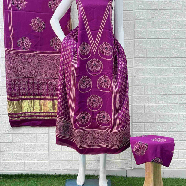 Pure Modal Silk Magenta Ajrakh Hand Block Print Neptol Dye 3 Pice Suit