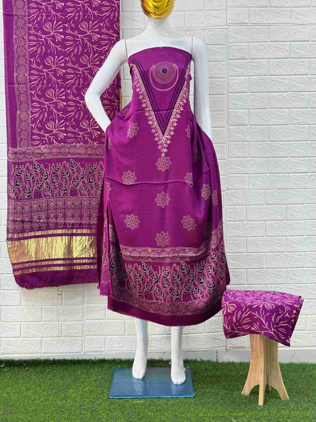 Pure Modal Silk Ajrakh Hand Block Print Neptol Dye 3 Pice Suit