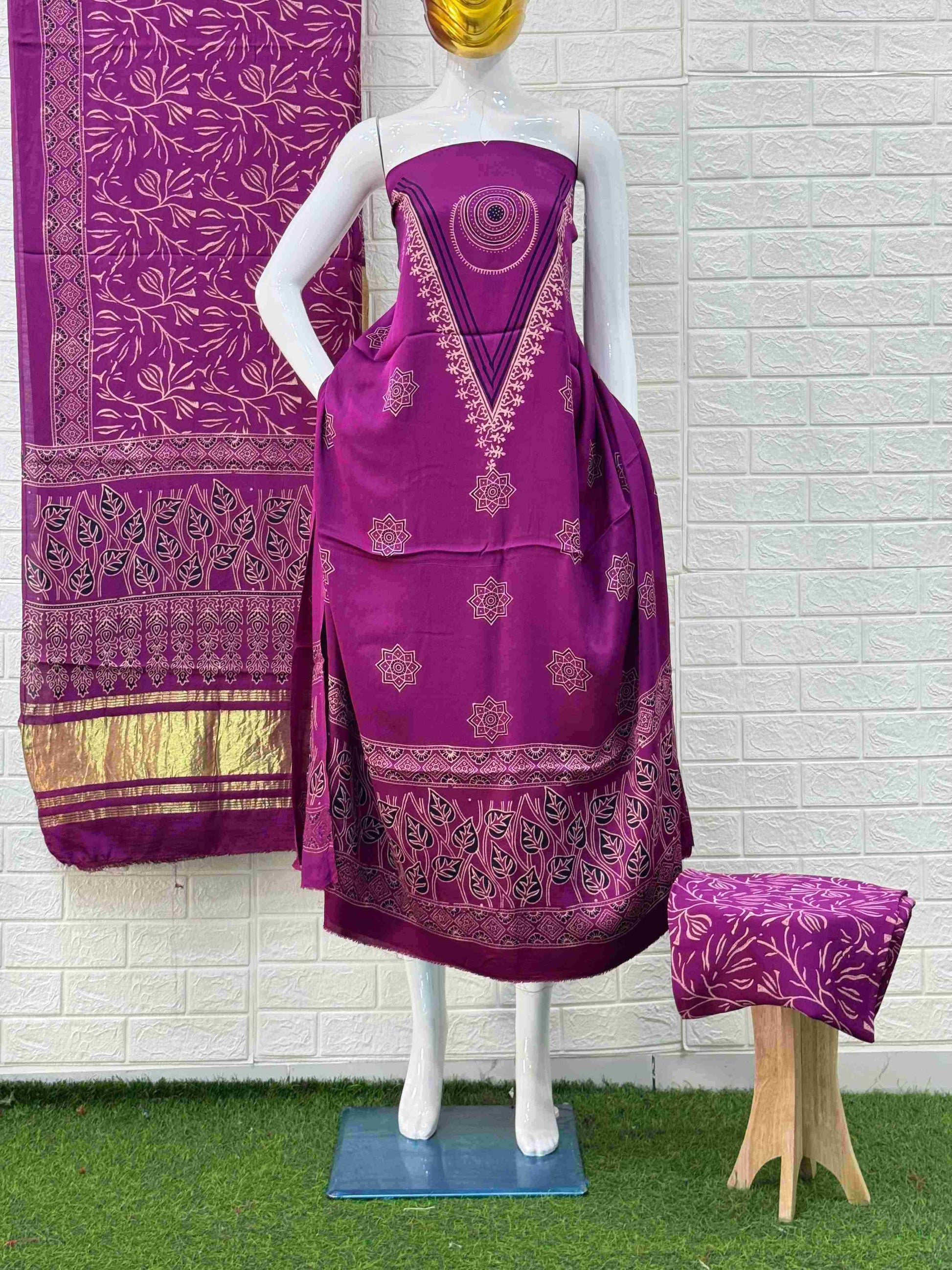 Pure Modal Silk Ajrakh Hand Block Print Neptol Dye 3 Pice Suit