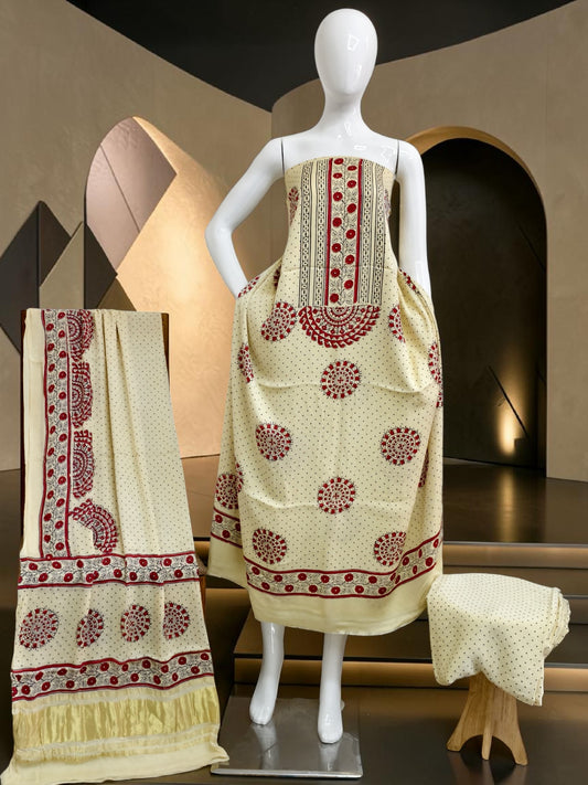 off white Modal Silk Ajrakh Hand Block Print Suit with Neptol Dye & Zari Pallu Dupatta – Premium Designer Ethnic Wear