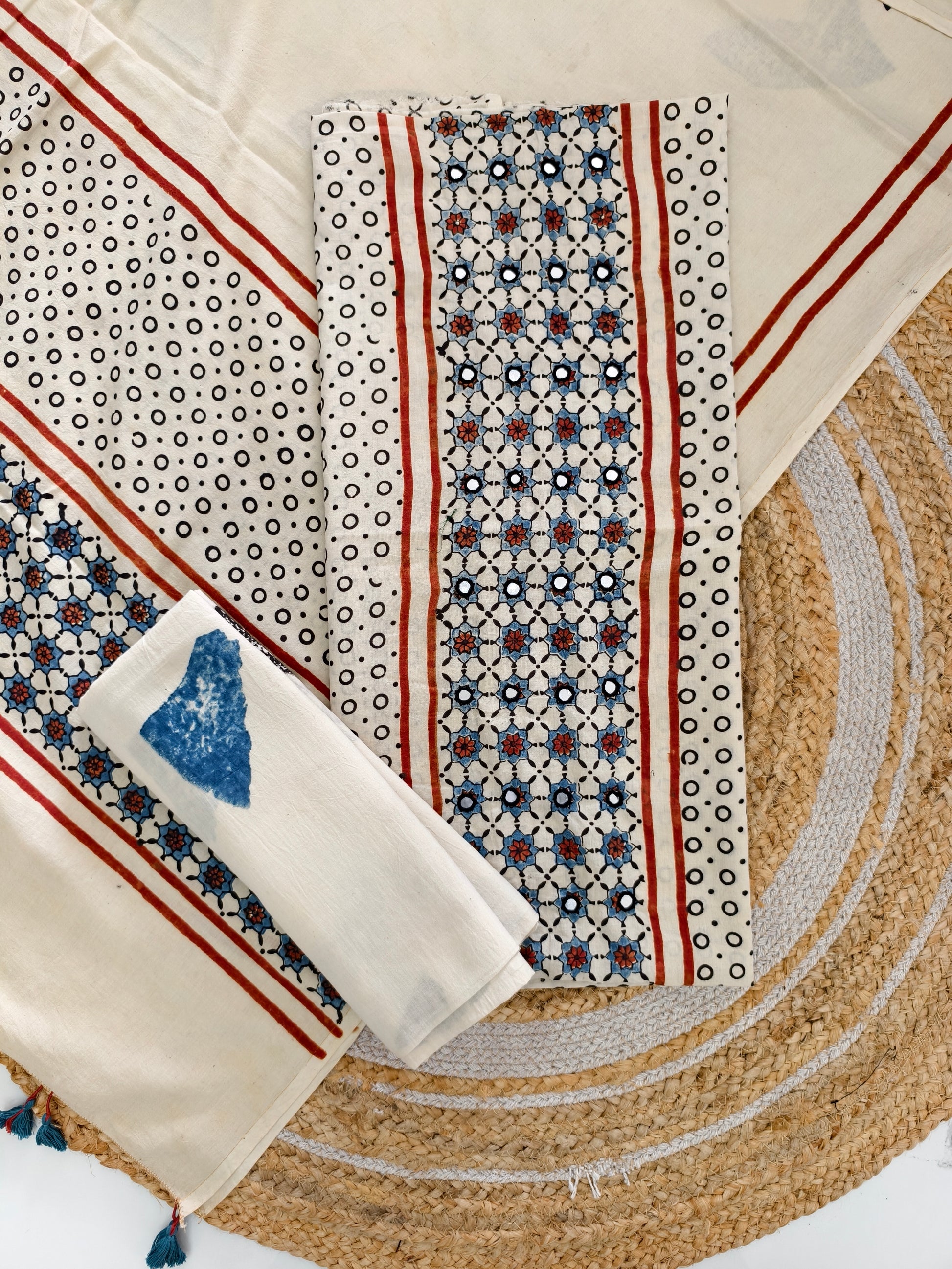 pure cotten ajrakh suit with mirror work & tassels - buy now