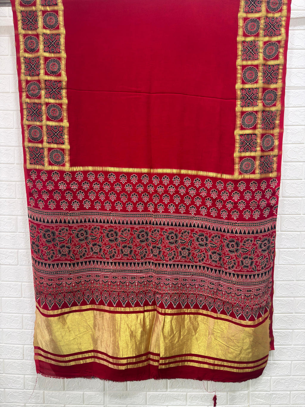 Ajrakh Hand Block Print Neptol Dye Saree with Zari Pallu