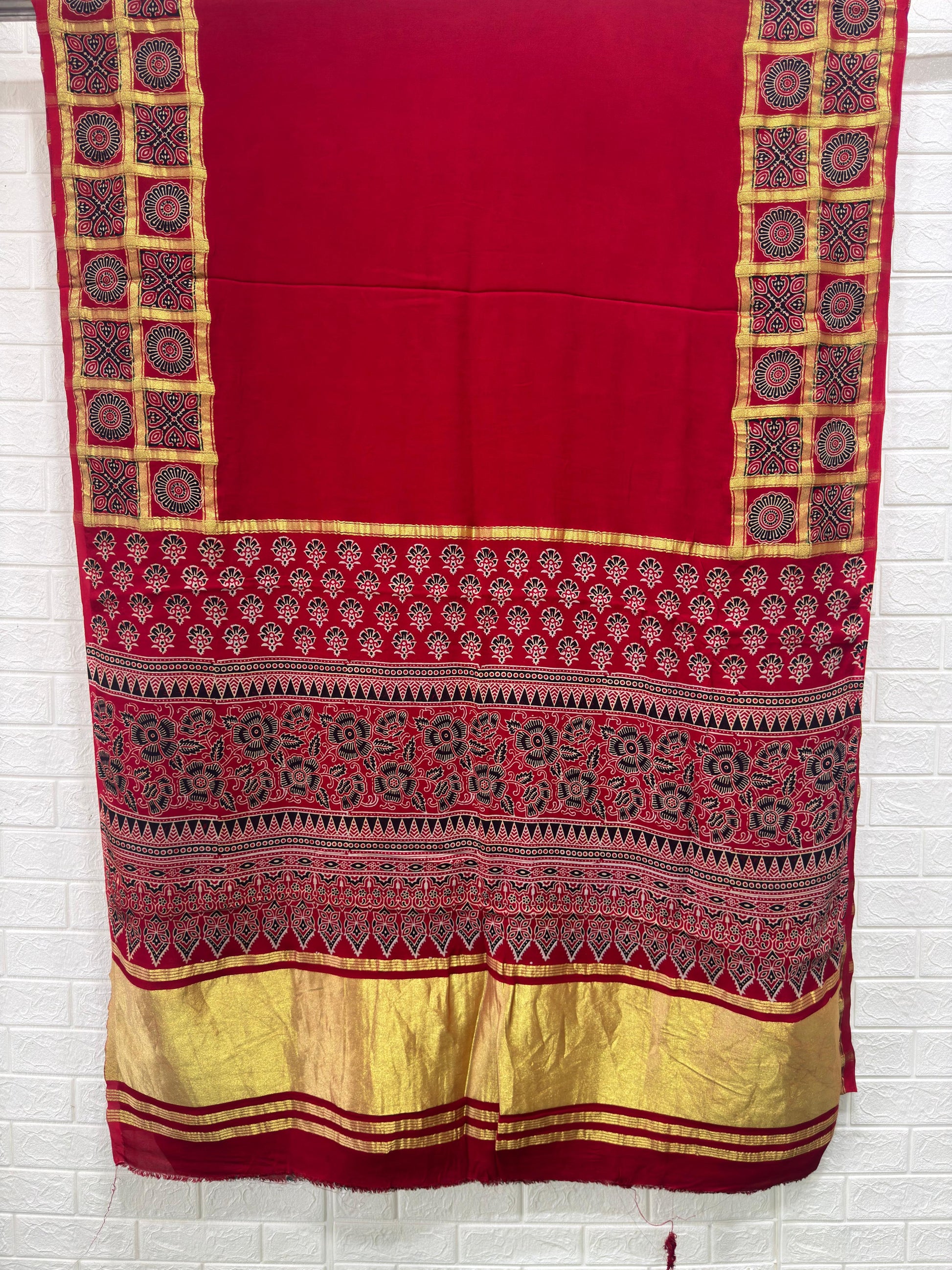 Ajrakh Hand Block Print Neptol Dye Saree with Zari Pallu