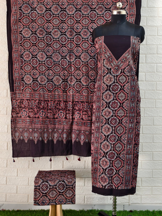 Buy Pure Cotton Bleck Ajrakh Hand Block Print Nechral Dye 3 Pice Suit