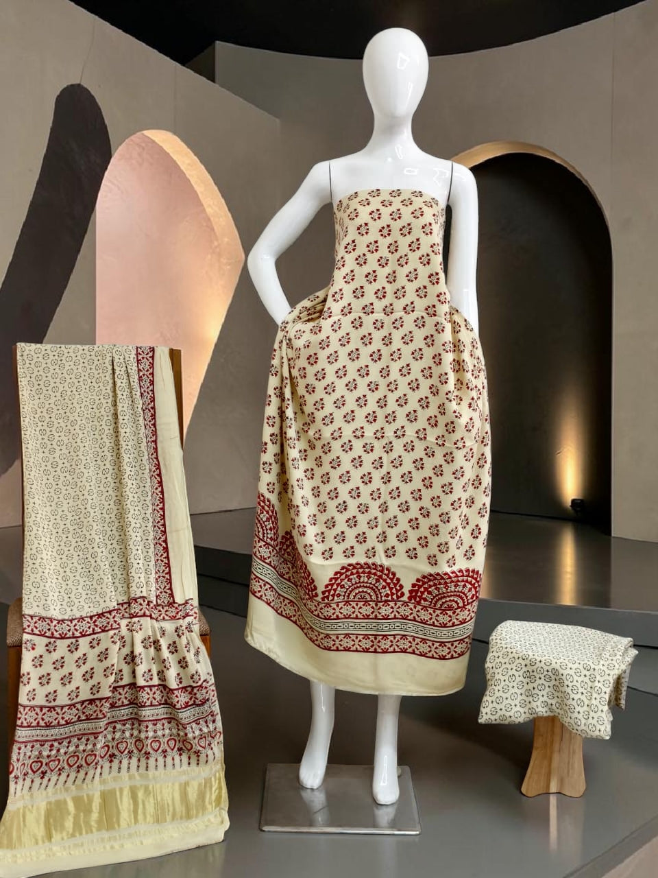 off white Modal Silk Ajrakh Hand Block Print Suit with Neptol Dye & Zari Pallu Dupatta – Premium Designer Ethnic Wear