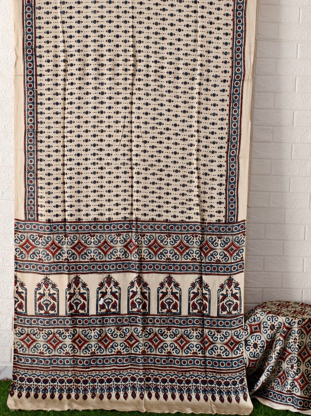 Modal Silk Off White Ajrakh Hand Block Saree