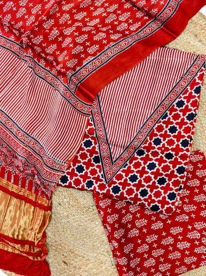 Modal Silk Rast Ajrakh Hand Block Print Suit with Neptol Dye & Zari Pallu Dupatta – Premium Designer Ethnic Wear