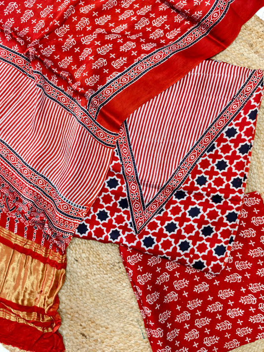 Modal Silk Rast Ajrakh Hand Block Print Suit with Neptol Dye & Zari Pallu Dupatta – Premium Designer Ethnic Wear