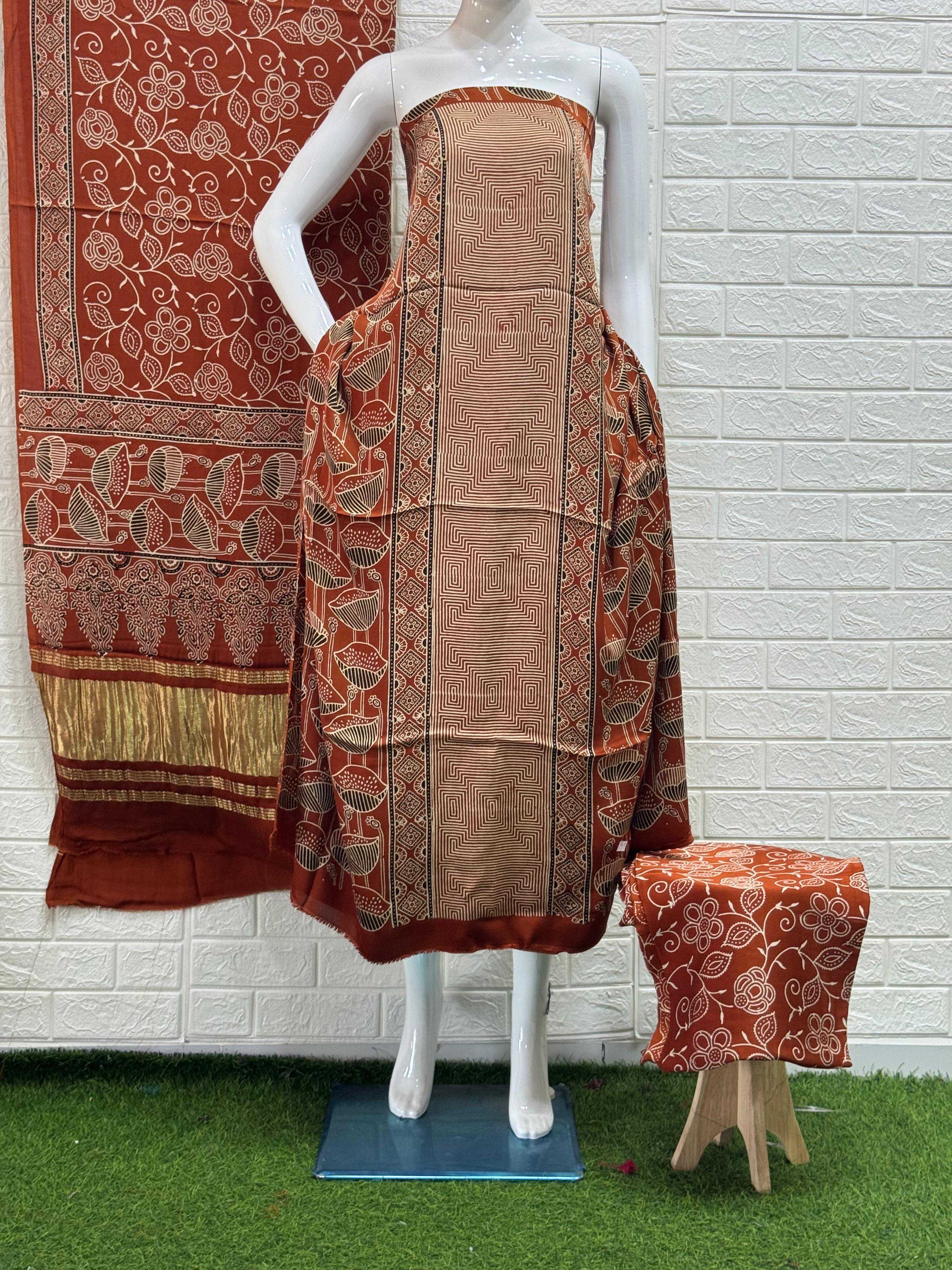 Pure Modal Silk Rust Ajrakh Hand Block Print Neptol Dye 3 Pice Suit