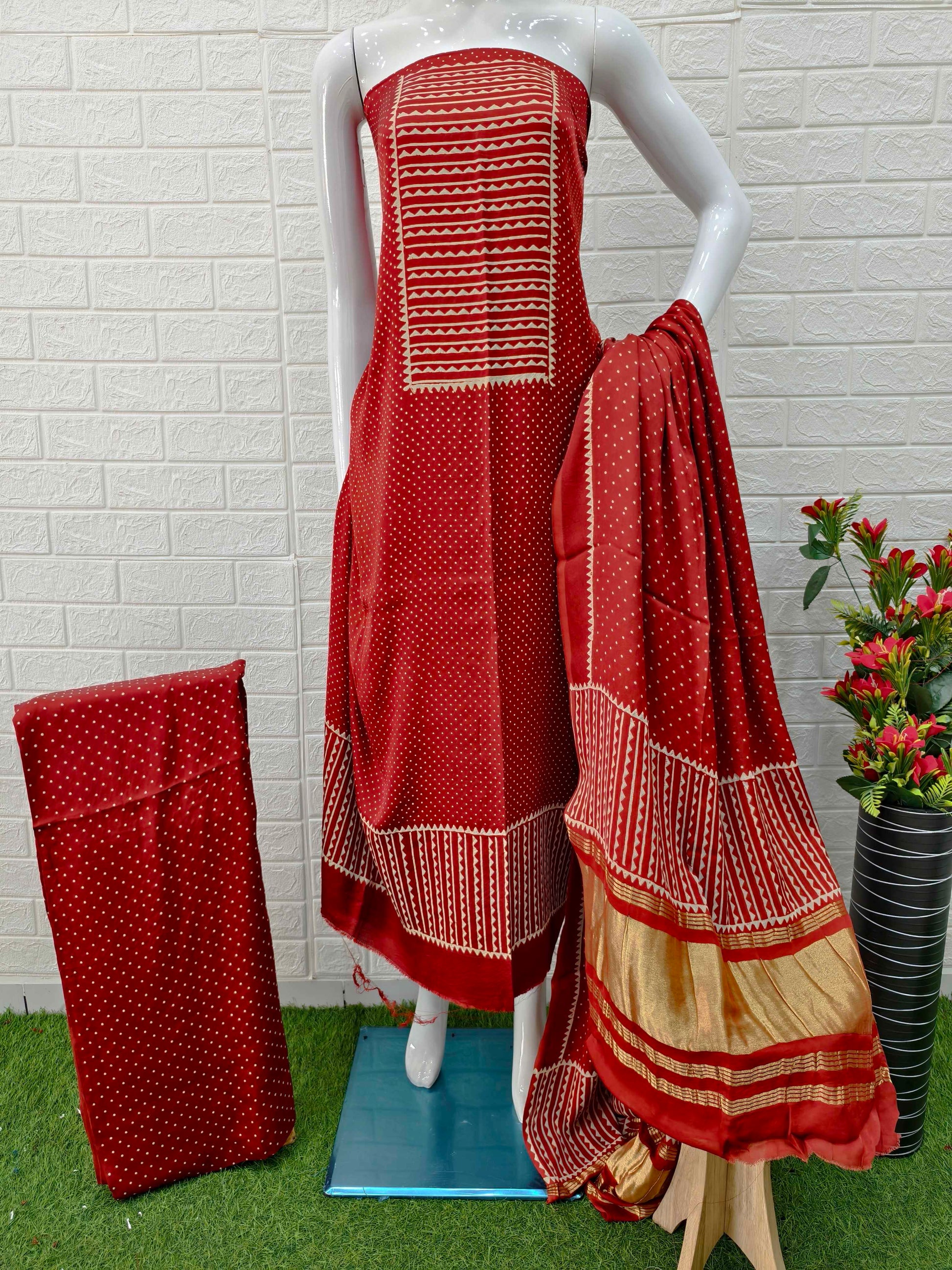 Pure Modal Silk Rust Ajrakh Hand Block Print Neptol Dye 3 Pice Suit