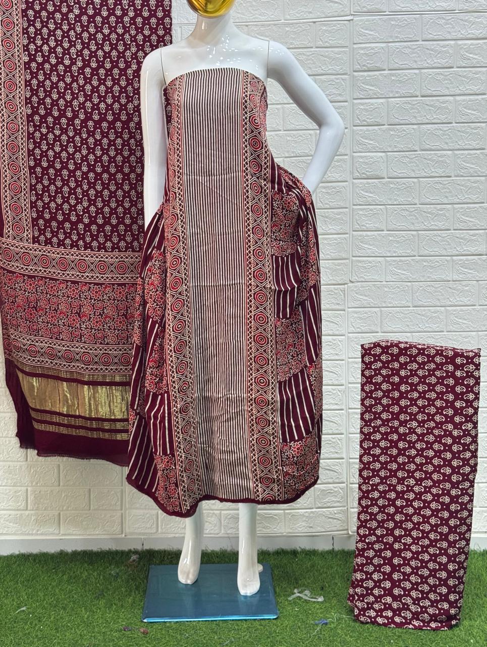 Buy Ajrakh Hand Block Print Neptol Dye 3 Pice Suit