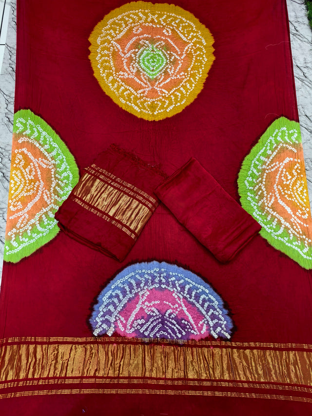 Bandhani Suit Set with Multi Color Dupatta & Zari Pallu