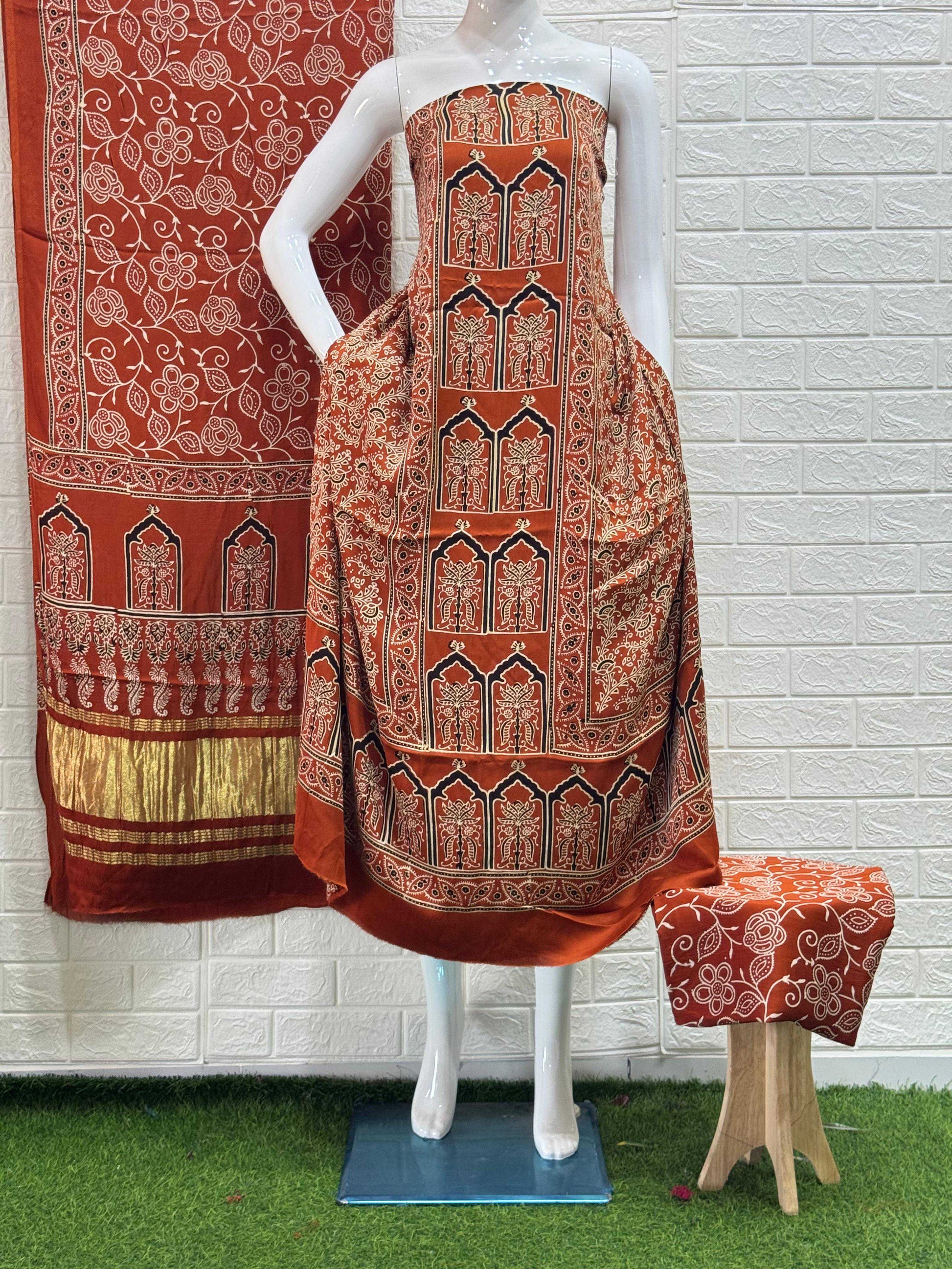 Pure Modal Silk Rust Ajrakh Hand Block Print Neptol Dye 3 Pice Suit