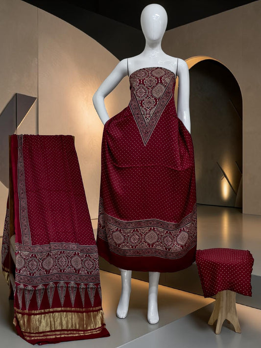 ladish maroon Modal Silk Ajrakh Hand Block Print Suit with Neptol Dye & Zari Pallu Dupatta – Premium Designer Ethnic Wear
