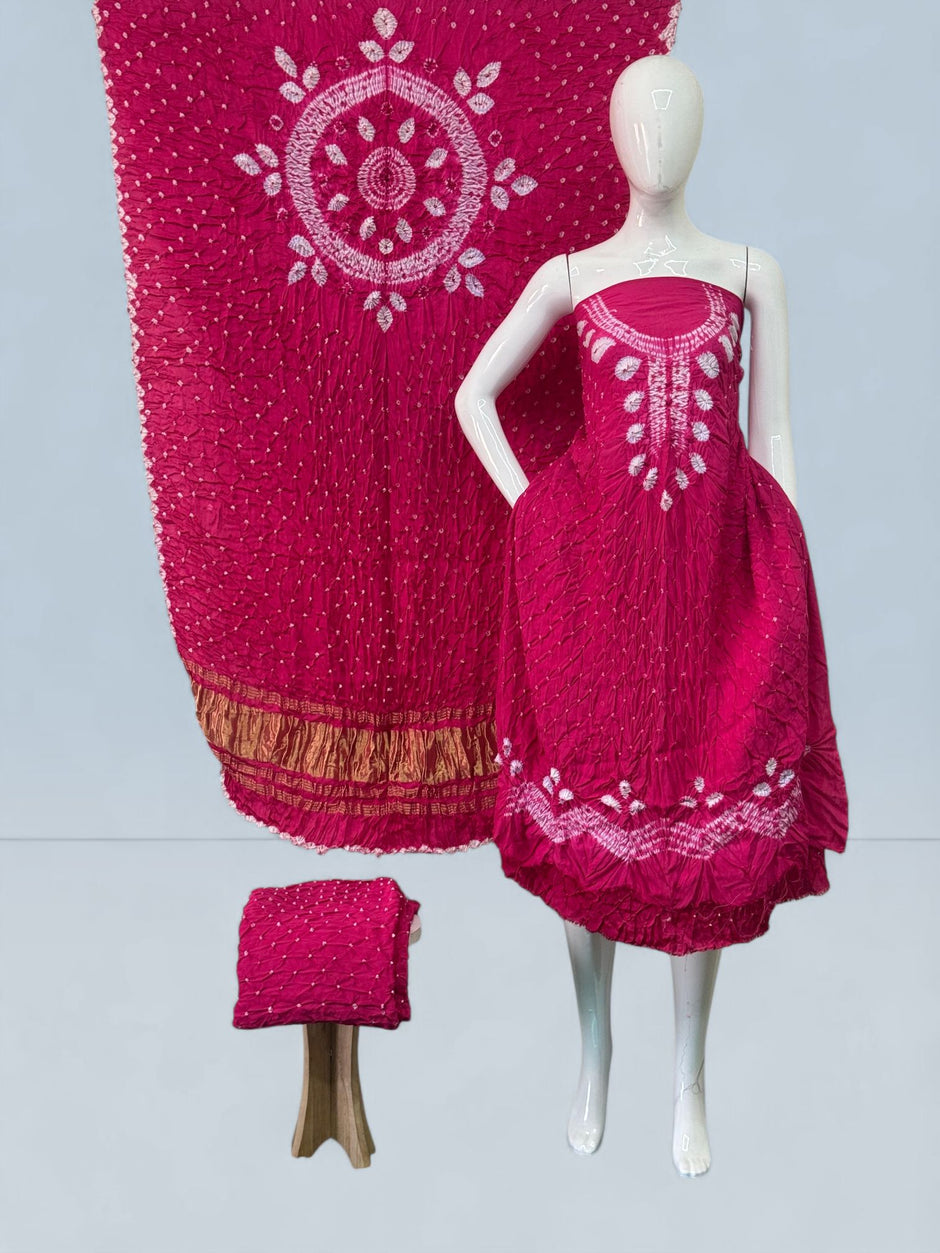 Modal Silk Shibori Suit Set with Bandhej Bottom & Zari Pallu Dupatta