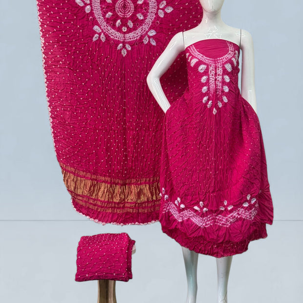 Modal Silk Shibori Suit Set with Bandhej Bottom & Zari Pallu Dupatta