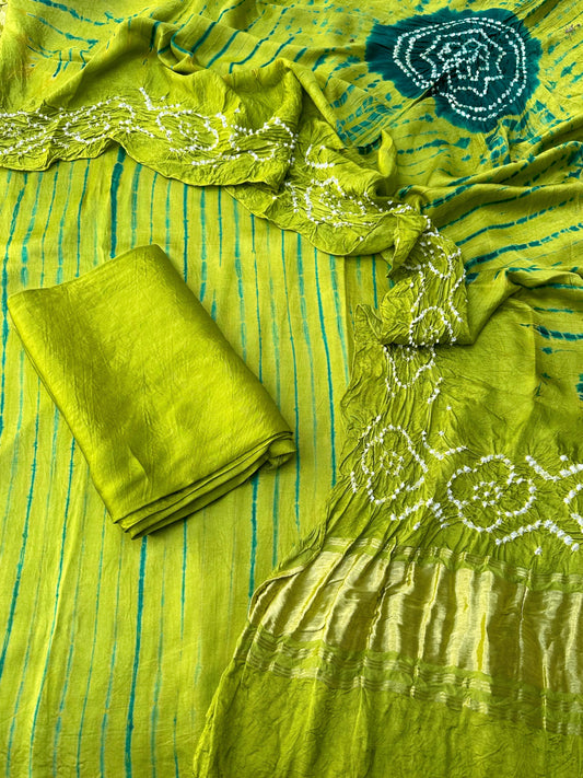 Popti & green Modal Silk Tie & Dye Bandhani Dupatta 3 Piece Suits