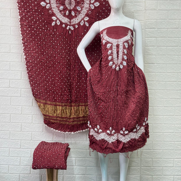 Modal Silk Shibori Suit Set with Bandhej Bottom & Zari Pallu Dupatta