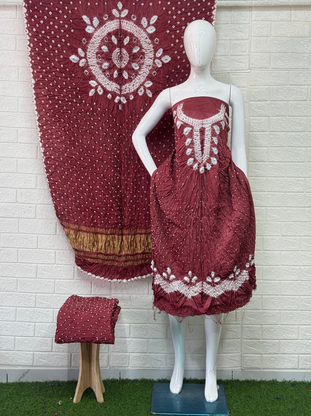 Modal Silk Shibori Suit Set with Bandhej Bottom & Zari Pallu Dupatta