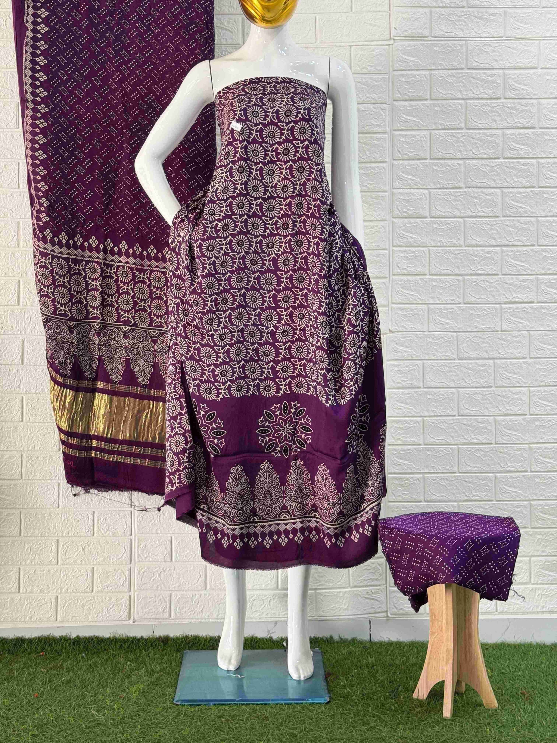 Pure Modal Silk Ajrakh Hand Block Print Neptol Dye 3 Pice Suit