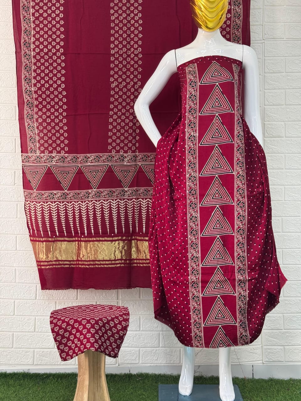 Pure Modal Silk Rust Ajrakh Hand Block Print Neptol Dye 3 Pice Suit