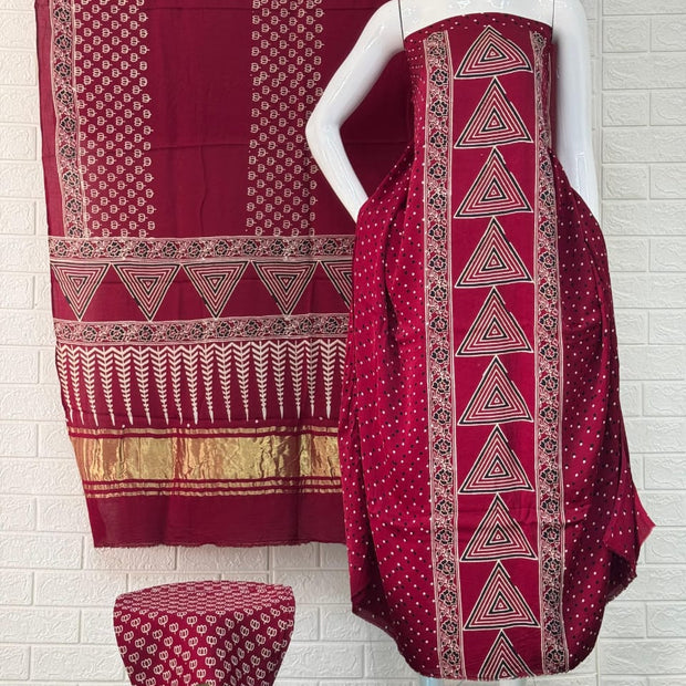 Pure Modal Silk Rust Ajrakh Hand Block Print Neptol Dye 3 Pice Suit