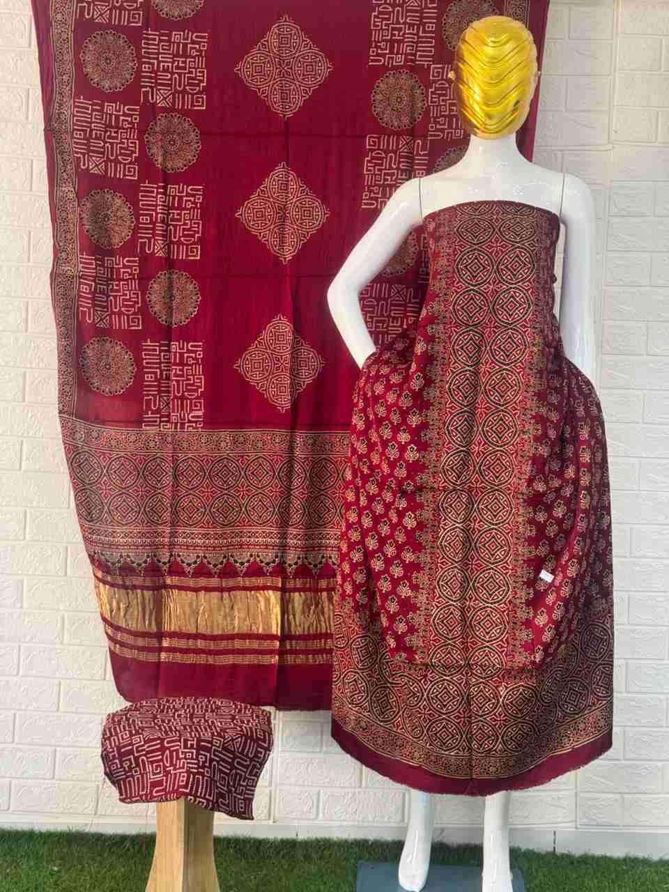 Pure Modal Silk Rust Ajrakh Hand Block Print Neptol Dye 3 Pice Suit