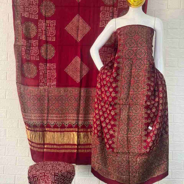 Pure Modal Silk Rust Ajrakh Hand Block Print Neptol Dye 3 Pice Suit