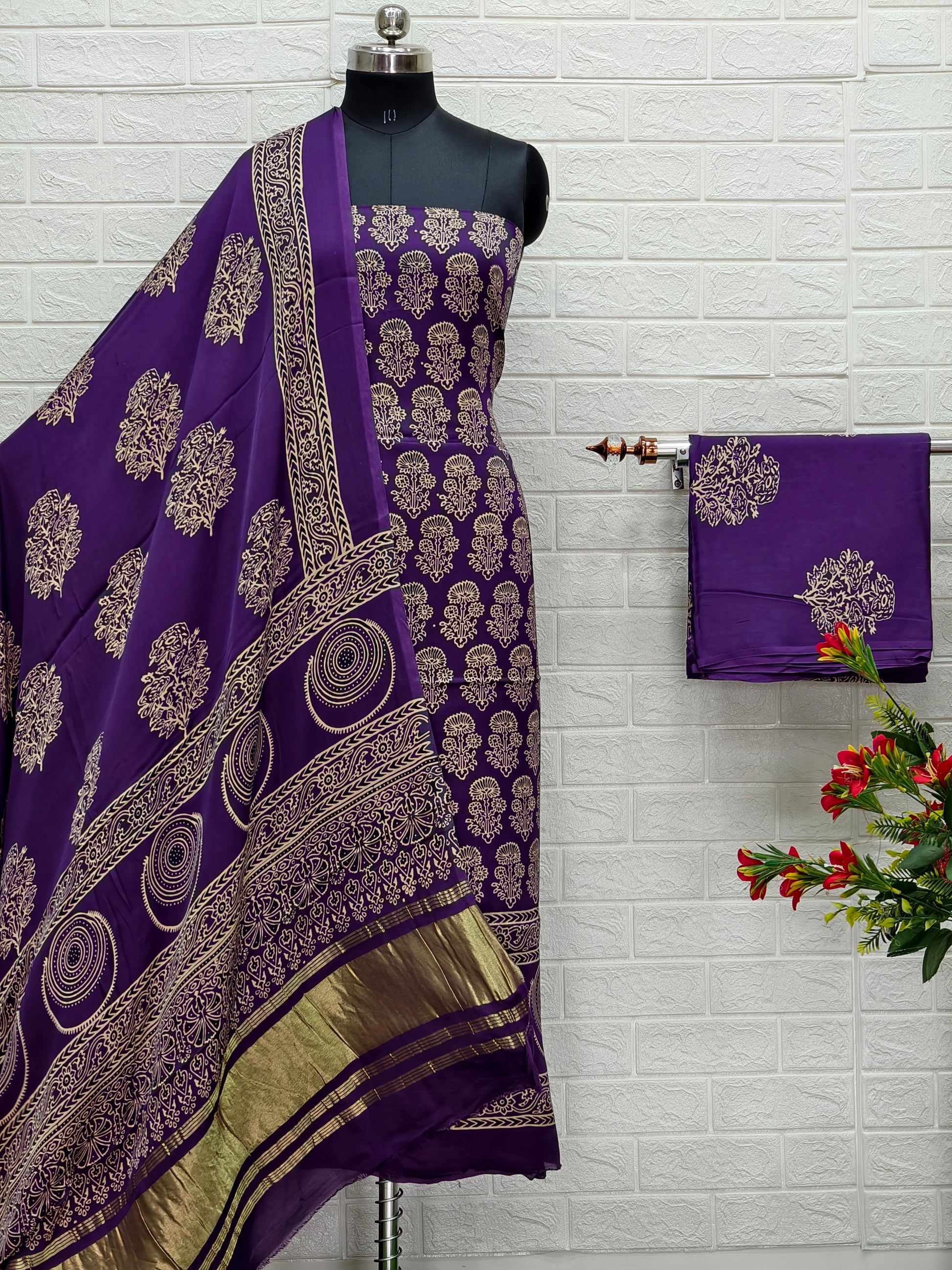Pure Modal Silk Ajrakh Hand Block Print Neptol Dye 3 Pice Suit