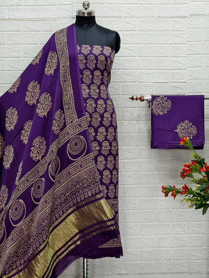 Pure Modal Silk Ajrakh Hand Block Print Neptol Dye 3 Pice Suit