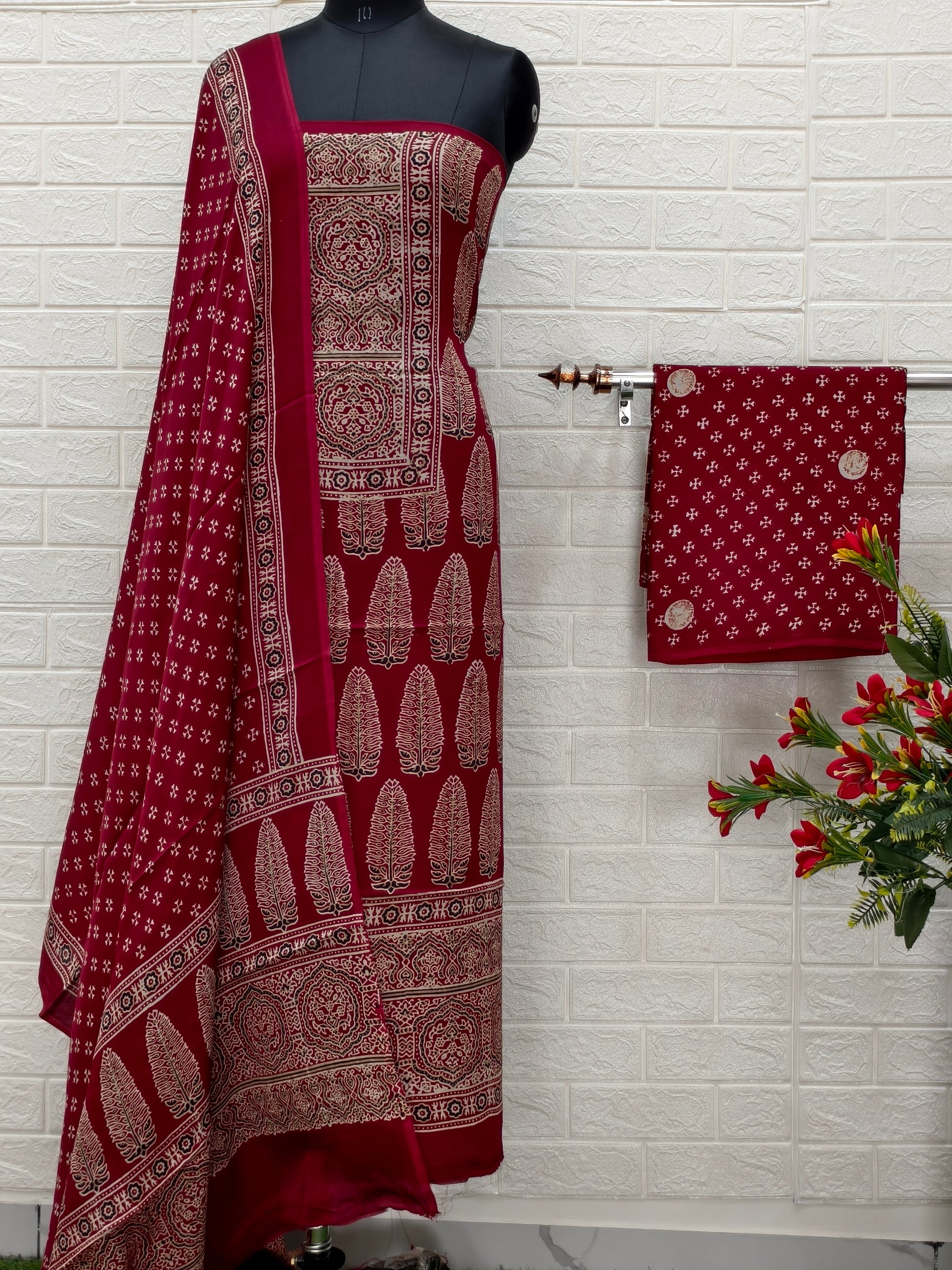 Ajrakh Hand Block Print Neptol Dye 3 Pice Suit