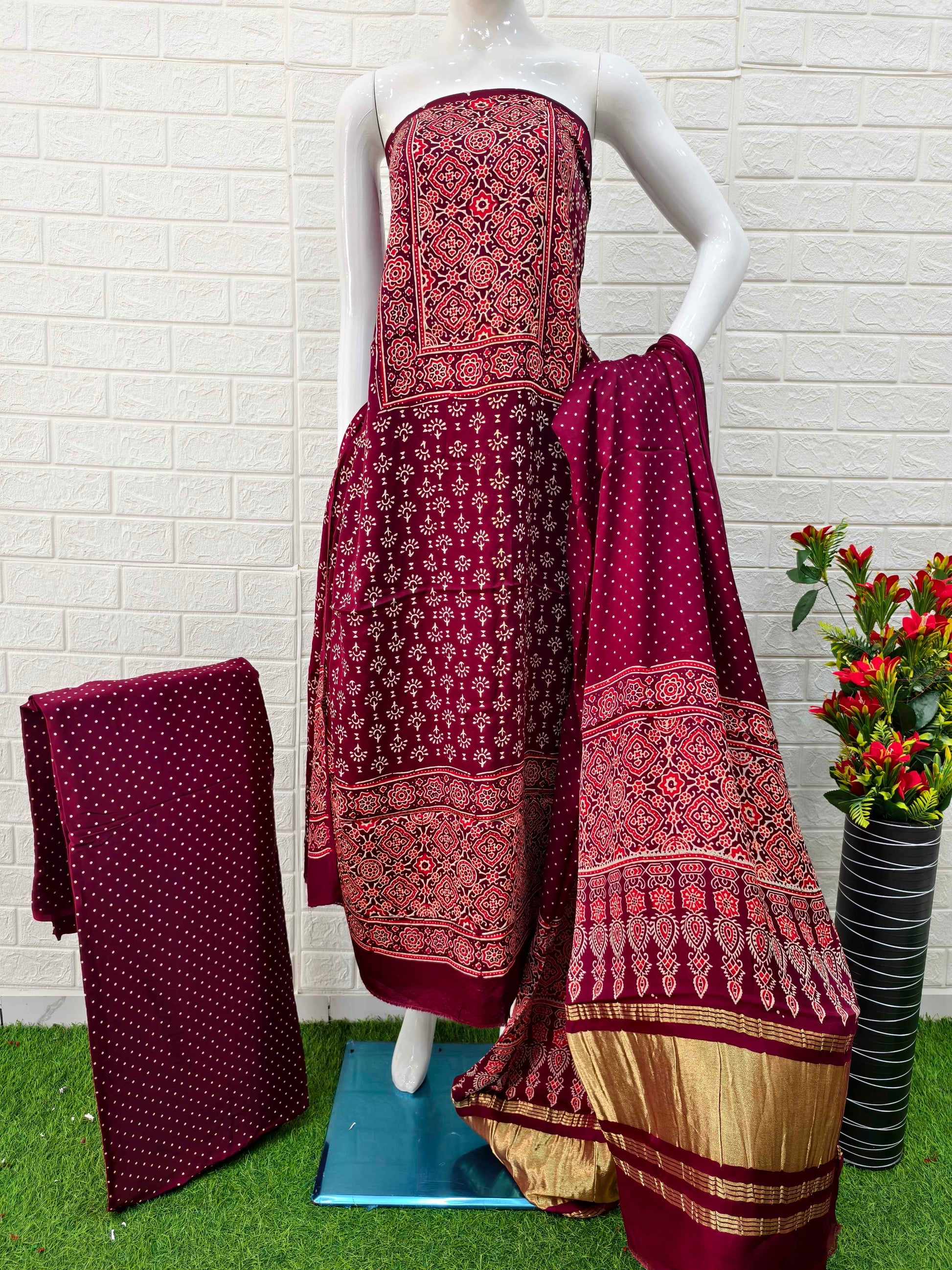 Pure Modal Silk Maroon Ajrakh Hand Block Print Neptol Dye 3 Pice Suit