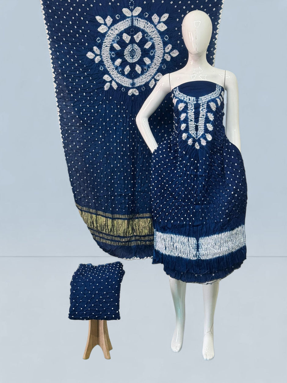 Modal Silk Shibori Suit Set with Bandhej Bottom & Zari Pallu Dupatta