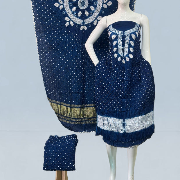 Modal Silk Shibori Suit Set with Bandhej Bottom & Zari Pallu Dupatta