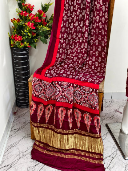 Modal Silk maroon  Ajrakh Hand Block Print Suit with Neptol Dye & Zari Pallu Dupatta – Premium Designer Ethnic Wear