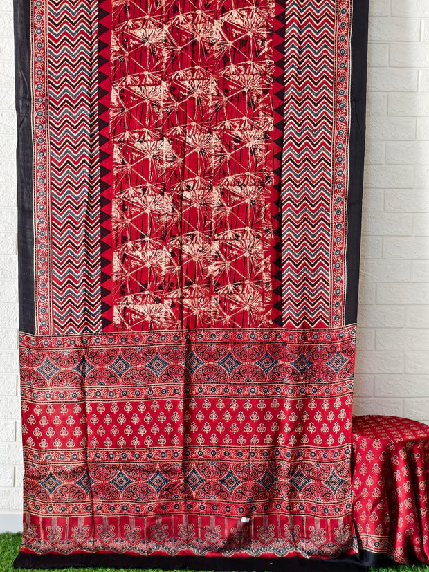 Modal Silk Ajrakh Hand Block Saree