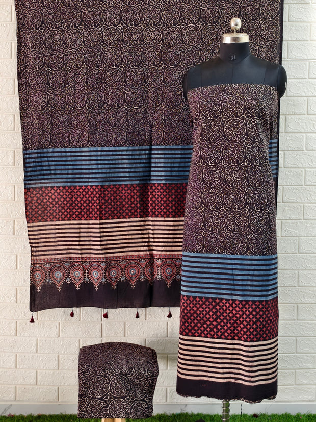 Buy Pure Cotton Bleck Ajrakh Hand Block Print Nechral Dye 3 Pice Suit