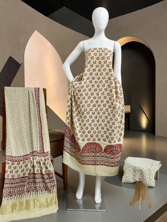 off white Modal Silk Ajrakh Hand Block Print Suit with Neptol Dye & Zari Pallu Dupatta – Premium Designer Ethnic Wear