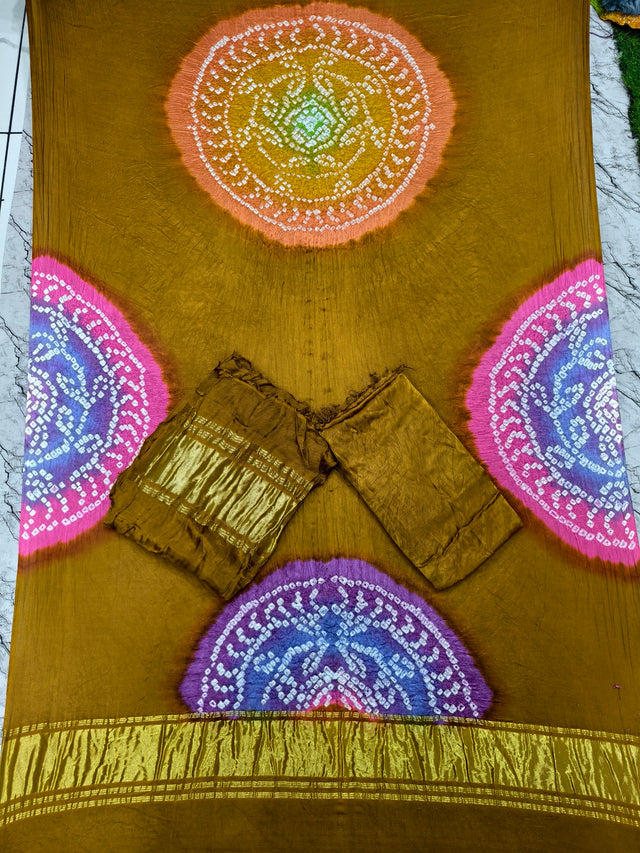 Bandhani Suit Set with Multi Color Dupatta & Zari Pallu
