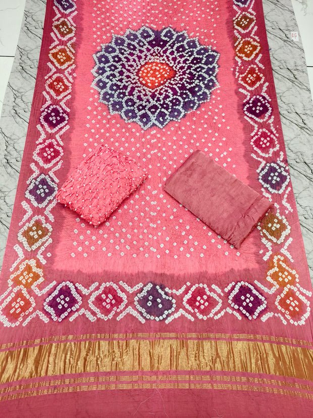 Premium Multi-Color Modal Silk Bandhej Suit Set | Handcrafted Bandhani Designer Dress Material with Zari Dupatta