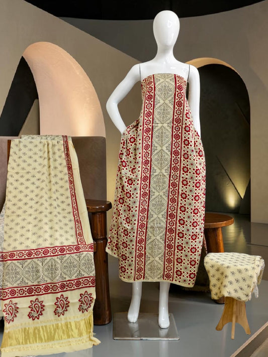 off white Modal Silk Ajrakh Hand Block Print Suit with Neptol Dye & Zari Pallu Dupatta – Premium Designer Ethnic Wear