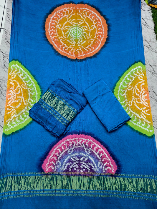 Bandhani Suit Set with Multi Color Dupatta & Zari Pallu